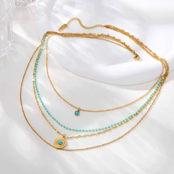 18 KT Gold Over Titanium Blue Touquoise Layered Necklace - Picture 3 of 3